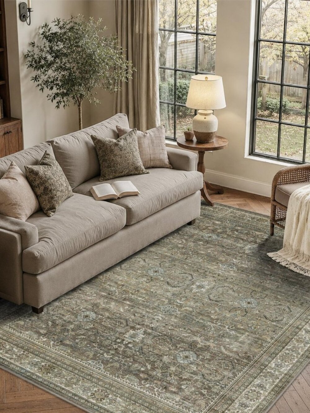 Brown Grey 5x7 Area Rug for Living Room Washable Vintage Floral Rug